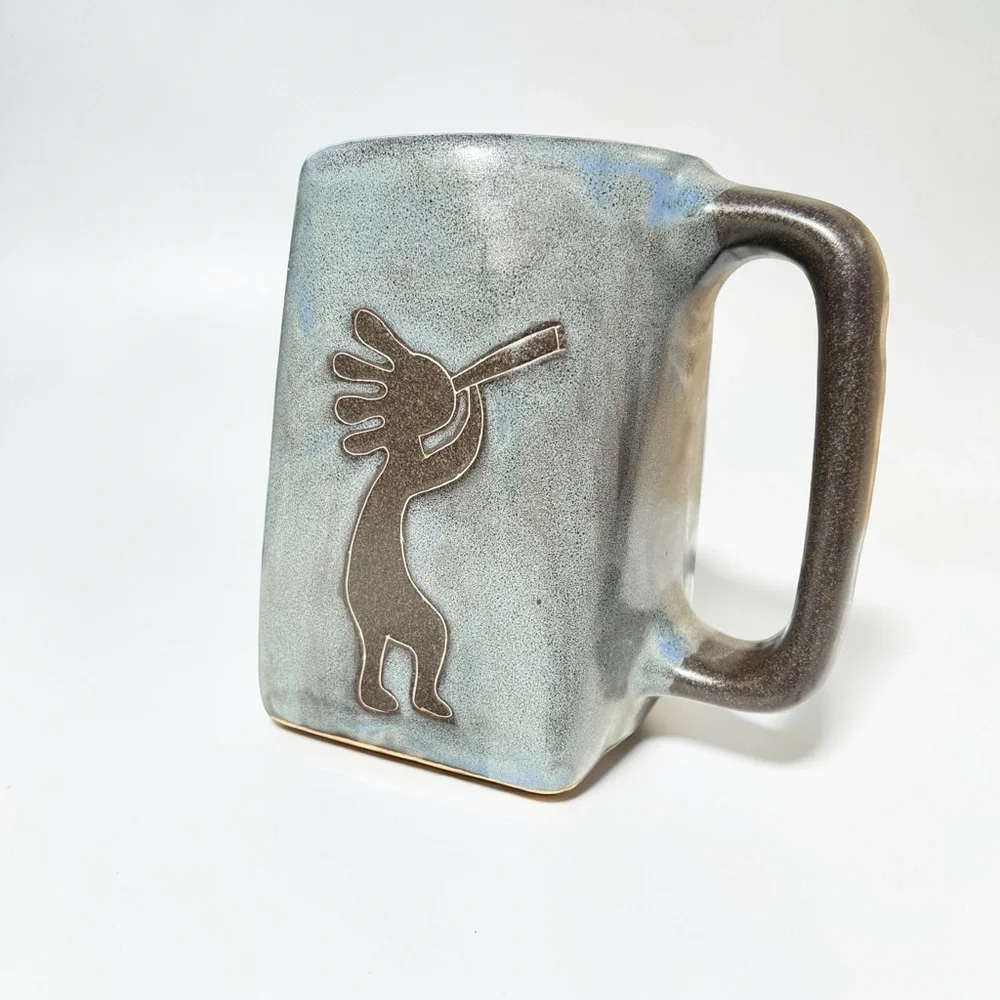 Mara Mexico Kokopelli Blue Heavy Pottery Square Mug Cup Hand Crafted Signed - Picture 3 of 6